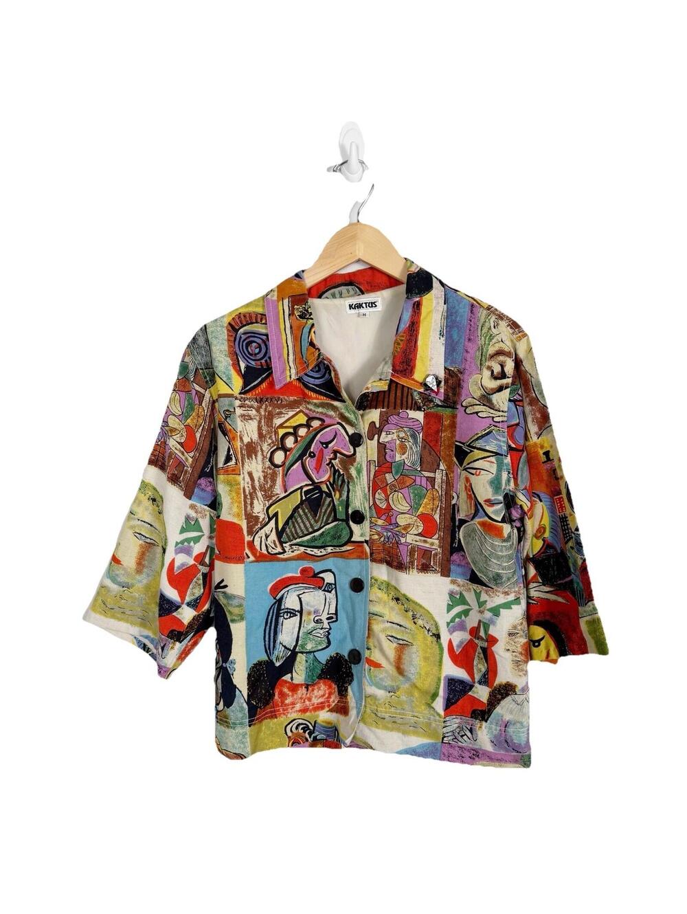 Vintage Kaktus USA Pablo Picasso Art Patchwork Linen Blend Button Jacket Medium